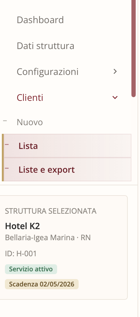 Menu laterale con area clienti